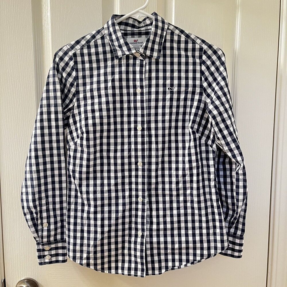 Vineyard Vines Navy Blue White Gingham Whale Button Up Shirt Women's Size 00
